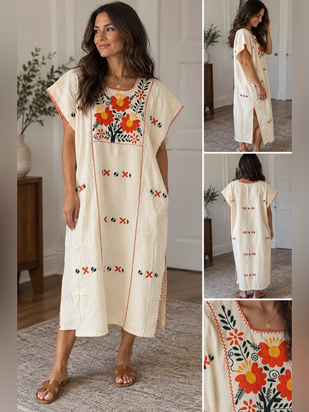 Mexican Embroidered Floral Cream Dress